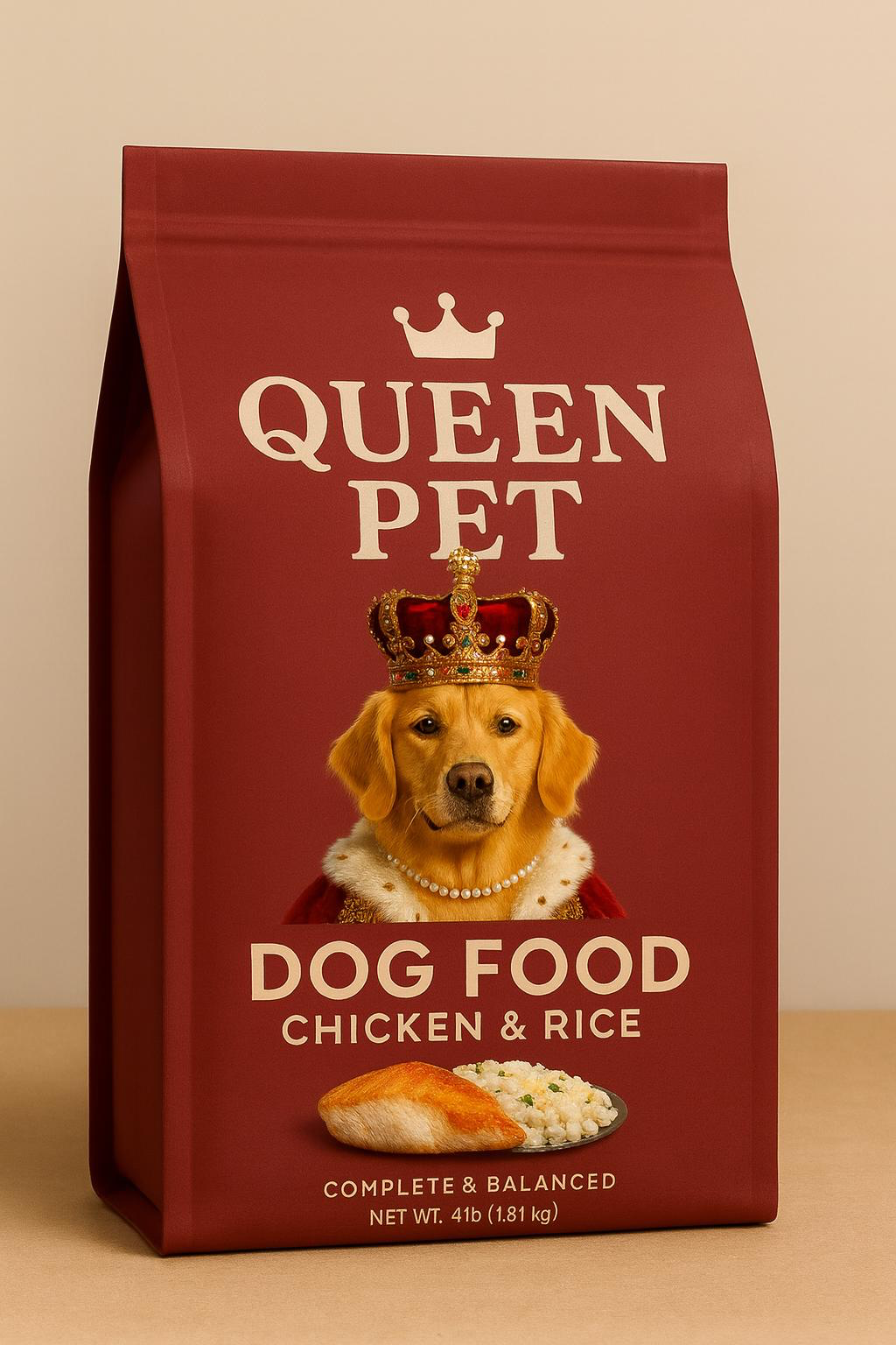 Queen Pet chicken and rice dry dog food bag with crowned golden retriever