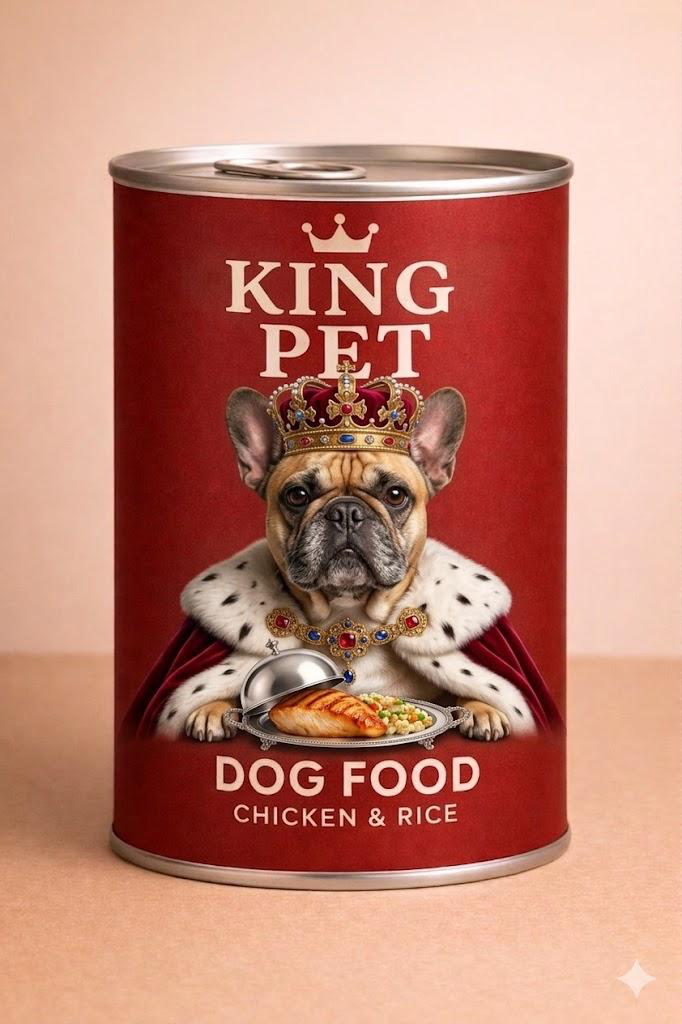 King Pet chicken and rice dog food can with crowned French bulldog