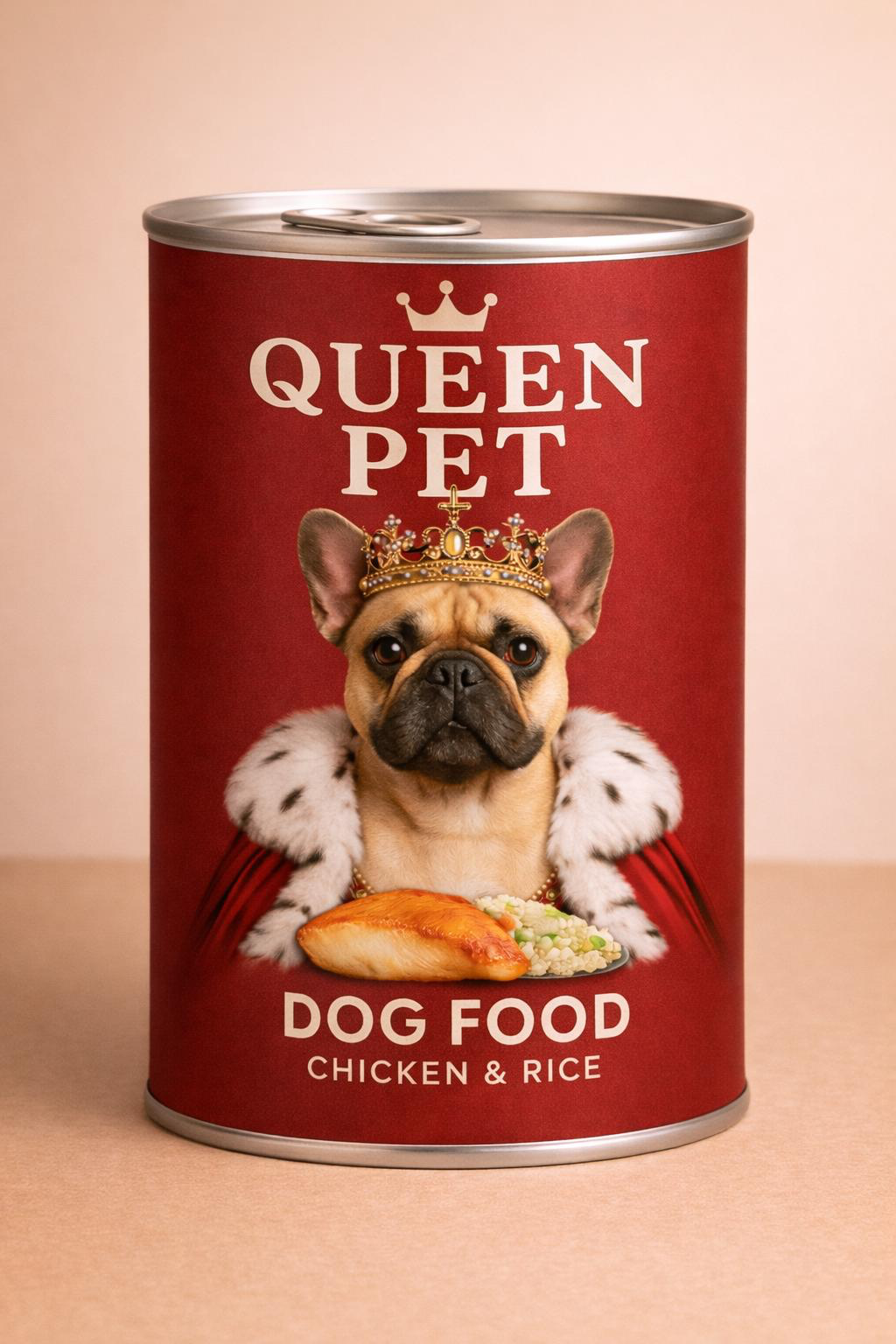 Queen Pet chicken and rice dog food can with crowned French bulldog
